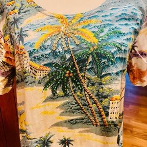 Vintage FAITH Brand Palm Tree Beach Babydoll Dress 👗 W/Sequin Detail 💛💙👗🤎